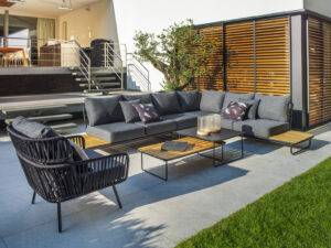 YOI | Taiyo | Eckenset inkl. 78 * 78 + 120 * 60 Teak CT | Aluminium - Teak | schwarz